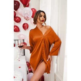 Ekouaer Satin Sleep Shirt Women's Silk Nightgowns & Sleepshirts Button Front Sleepwear Orange