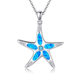 HUKKUN Starfish Necklace Sterling Silver Blue Opal Starfish Pendant Necklace for Women Starfish Jewelry for Women
