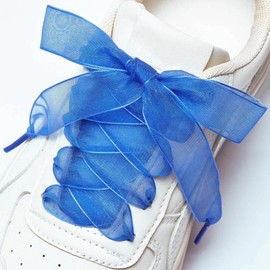 Booyckiy 2 Pair Flat Snow Yarn Shoe laces for Sneaker 2cm Wide Satin Ribbon ShoeLaces for Women Girls, Royal Blue 47inch(120cm)