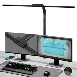 Led Desk Lamp for Office Home-Eye Caring Architect lamp with Clamp,Dual Screen Computer Monitor Gooseneck Smart Light-24W Bright Auto DimmingTable Light with Rotatable Swing Arm for Workbench Computer