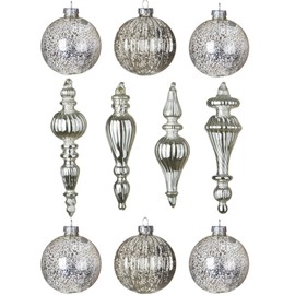 Mercury Glass Christmas Ornaments Silver Hanging Balls with Different Shapes for Xmas Tree Decor,Vintage Finials Luxury Christmas Decoration Hanging Bauble for Neutral Holiday Winter Wedding-Set Of 10