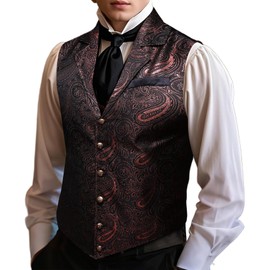 Barry.Wang Mens Black Red Paisley Victorian Suit Vest Tailored Collar Formal/Leisure Steampunk Gothic Waistcoat