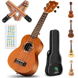 CAHAYA Concert Ukulele 23 Inch Ukulele Kit Beginner Starter with Carrying Bag, Shoulder Strap, Fretboard Stickers, for Both Adults and Kids in Mahogany CY0336