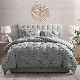 TRP 7 Piece Bed in Bag Lightweight Comforter Set King Size with Pretty Pinch Pleated Design | All Seasons Shabby Chic Bedding Light Gray Grey Color Soft Plush Cozy Feel Cottagecore Farmhouse Look