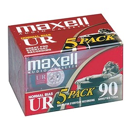 Maxell UR 90 Cinta de casete de grabación de audio en blanco de polarización normal, bajo nivel de ruido, tiempo de grabación de 90 minutos, paquete de 5