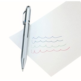 Wedo 256226 Vierfarb-Kugelschreiber (mit Schiebemechanik und vier auswechselbaren DIN Kurz-Minen im Etui) chrom/schwarz/rot/blau/grün, 1 Stück (1er Pack)