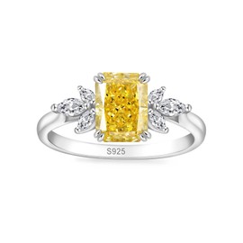 PHNIBIRD Yellow Sterling Silver Ring Radiant Cut Engagement Rings 1.5 Carat Cubic Zirconia Elegant Design Yellow Fake Diamond Ring Size 5
