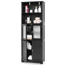 LOKO Tall Bathroom Cabinet, Modern Storage Organizer with Doors & Open Shelves, Wooden Floor Cabinet with Adjustable Shelves for Bathroom, Living Room or Kitchen (Black)