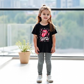 Girls' 2 Piece Cool Outfit Letter Print T-shirt & Plaid Print Stretch Athletic Leggings Set for Little Girls 3-4 T