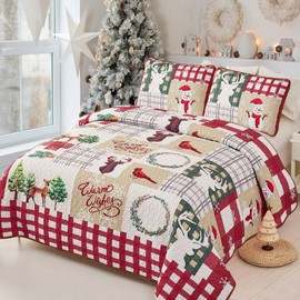 Luxudecor Christmas Quilt Set Twin Size Red Bird Deer Quilt Snowman Snowflake Pattern Bedspread Christmas Bedding Set Soft Microfiber Bed Cover with Pillow Shams for All Season 68"x 86"