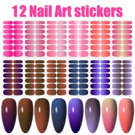 WOKOTO 12 Sheets Multi-Color Gradient Nail Polish Stickers Full Nail Wraps for Women, Solid Ombre Designs Gel Nail Stickers Strips for Nails Polish Strips with File Kit Press On Nails