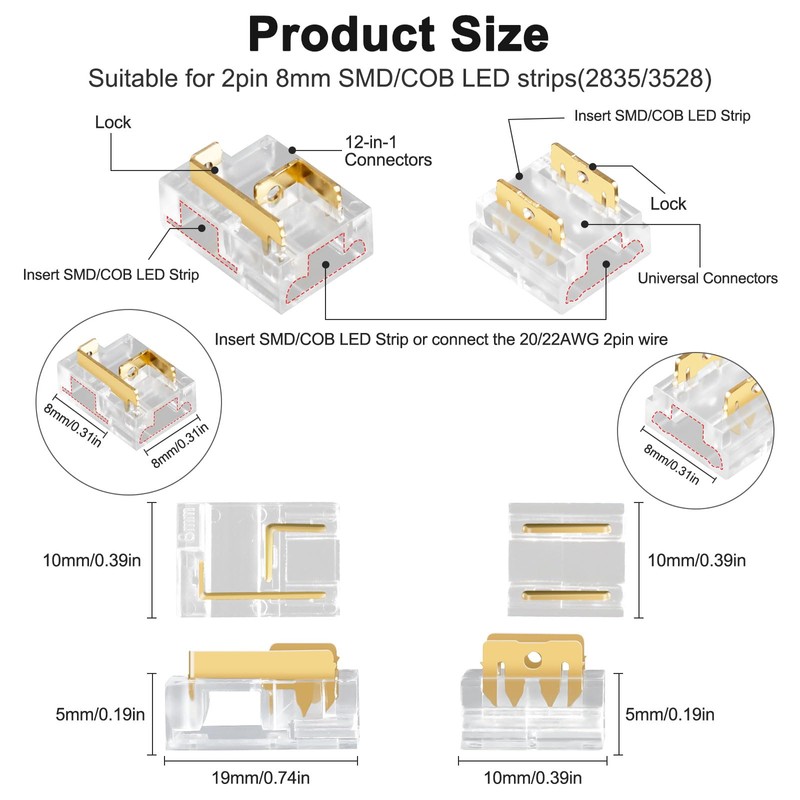 Aroidful Pack of 12 LED Corner Connectors 2-Pin 8 mm