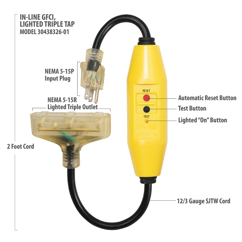 Tower Manufacturing 30438326-01 Auto-Reset Inline GFCI Lighted Triple Tap Cord,