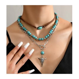 VGRDTW Turquoise Necklace, Boho Necklaces for Women, Turquoise jewellery for Women, Bohemian Multi Layer Beaded Collar, Silver Bull Pendant, Stacked Jewelry