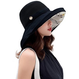Summer-Mesh-Sun-Hats-for-Women-UV- Protection-Wide-Brim Packable-Bucket-Hats Foldable-Beach-Hat Black