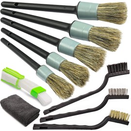 TAKAVU Kit completo de cepillo para polvo para detalles de coche (10 piezas) – Detalle de pelo de jabalí, cepillos de alambre y ventilación con toalla de microfibra para ruedas, interior, limpieza de