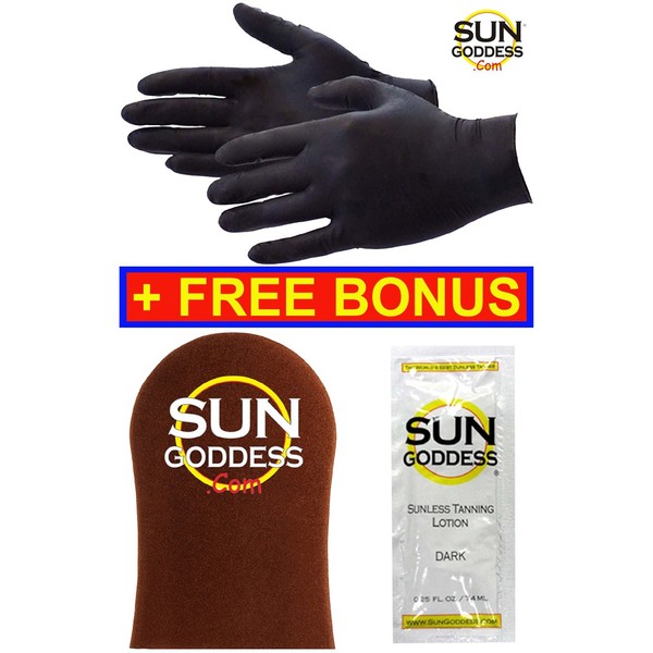 Sun Goddess - ONE (1) PAIR - Sunless Self Tanning Application Gloves + FREE (1) Sun Goddess Sunless Self Tanner Lotion Sample + (1) Sunless Self Tan Applicator Mitt - Best Gloves Mitt Tanner Lotion