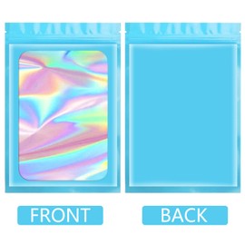 Funfery 100 pcs Blue Smell Proof Mylar Holographic Bags Packaging Bags,Clear Resealable Odor Proof Bags Foil Pouch Bags for Food Storage,Lipgloss,Jewelry,Eyelash Packaging for Small Business(3x4.7In)