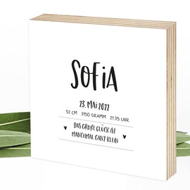 Wunderpixel® Holzbild personalisiert mit Namen & Geburtsdaten & Spruch 15x15x2cm zum Hinstellen/Aufhängen echter Fotodruck auf Holz - persönliches Wand-Bild Aufsteller Deko oder als Geschenk-Idee