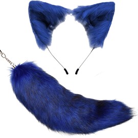 Cat Wolf Fox Ears and Fluffy Fox Tail Set for Kids Cosplay Party Wolf Costume - Blue Ear Tail Keychain