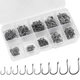 Fishing Hooks Carbon Steel 300 Pieces Fishing Hooks in 10 Sizes Fishing Hooks with Eyelet Hooks for Fish Fishing Hooks with Barbs Fishing Hooks Set with Plastic Box, Fishing Accessories for Saltwater