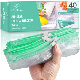 Coselena 40 PCS Reusable Zip Lock Bags Half Gallon (2.27L)- Airtight Slider Freezer Bags, Zip Bags for Freshness & Leak-Proof Food Storage, Durable Food Bags, Large Ziplock Bags with Expandable Bottom