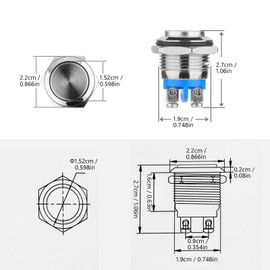 Pack of 4 19 mm Push Button Push Button Waterproof Push Button Momentary Switch Made of Brass 5A/12V/24V/125V/250V, for Cars, Ignition Systems, Doorbells (High Head)