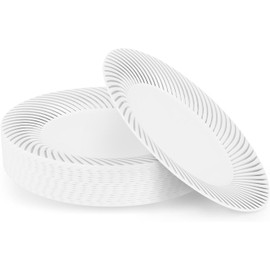 MATANA 40 White Plastic Plates with Silver Rim, 25 cm, Reusable Plastic Plates, Party Plates Gold for Weddings, Birthdays, Parties, Elegant and Sturdy Party Tableware