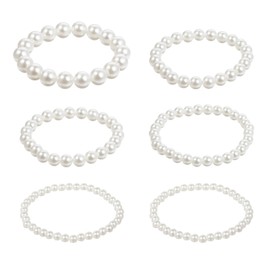 ZEYIYER 6 PCS Pearl Bracelets for Women, Beaded Pearl Stretch Bracelets for Girls, 4 Sizes Boho Stackable White Pearls Bracelet Set for Bridal Wedding Bridesmaid Party Gift Daily Wear