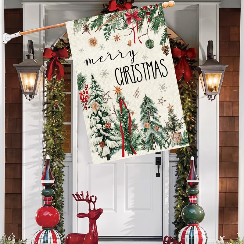 Christmas House Flag 28x40 Inch Large Winter Pine Trees Farmhouse