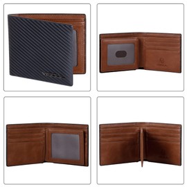 VISOUL Leather Mens Bifold RFID Blocking Wallet with 2 ID Windows, Leather Wallet for Men (Carbon Fiber, Black+Brown)