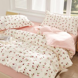 SAPHREAS Home Cute Pink Cherry Duvet Cover Twin Cotton Girls White Bedding Set Kawaii Rabbit Pattern Bedding Comforter Cover with Zipper Ties Kids Teens Cute Bed Set 2pcs 1 Duvet Cover 1 Pillowsham