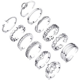 Honsny 12PCS 14K Silver Plated Toe Rings for Women Adjustable Band Rings Open Flower CZ Toe Ring Set Beach Foot Jewelry