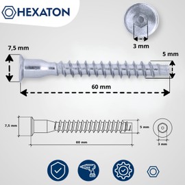 HEXATON Confirmat Screws 5 x 60 mm - Countersunk Hex Socket - Pack of 50 - Full Thread - Galvanised Steel - Furniture Screws