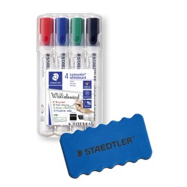 Staedtler Lumocolor Whiteboard Marker Set with 4 Colours, Chisel Tip (4 Pieces Chisel Tip + Eraser)