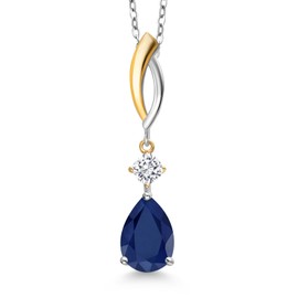 Gem Stone King 925 Silver and 10K Yellow Gold Blue Sapphire and White Moissanite Pendant Necklace for Women | 2.37 Cttw | Gemstone Birthstone | Pear Shape 10X7MM | With 18 Inch Chain