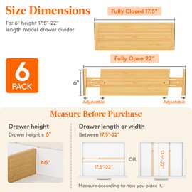 Lifewit 6 Pack 6" Deep Bamboo Drawer Dividers, 17.5-22" Expandable Drawer Organisers for Clothes, Adjustable Dresser Drawer Divider, Clothing Drawers Separators for Dresser, Bedroom, Bathroom, Office