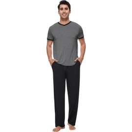 WiWi Mens Pajamas Set Short Sleeve Sleepwear Knit Nightwear 2 Pieces Viscose from Bamboo Loungewear Sets S-XXL, Dark Heather Grey, Medium