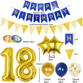 18th Birthday Decorations for Boy Girl, Gold and Blue 18 Year Old Party Decorations with Happy Birthday Banner, Triangle Flags, 40In Number 18 Foil Birthday Balloons, Star Balloons