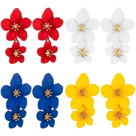 Weenkeey 4 Pairs Double Flower Earrings Flowers Dangle Drop Earrings Boho Flower Earring for Women Girls - White Yellow Red Blue