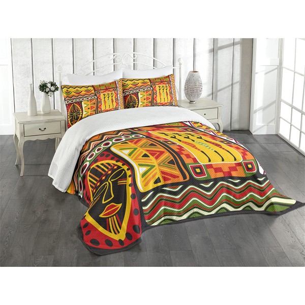 Lunarable African Bedspread, Elements Historical Original Striped and Rectangle Shapes Design, Decorative Quilted 3 Piece Coverlet Set with 2 Pillow Shams, King Size, Scarlet Yellow