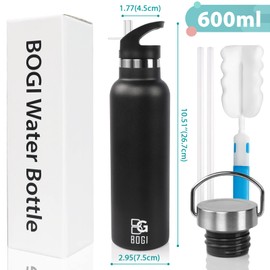 BOGI Insulated Water Bottles with Straw-600ml Stainless Steel Water Bottle Metal Water Bottles,BPA Free Leakproof Reusable Water Bottle with 2Lids,Sports Gym Water Bottle for Kids Girls Boys-Black