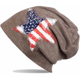 styleBREAKER beanie hat with sequins star USA application, stars and stripes, Unisex 04024033, colour:brown