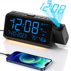 Projection Alarm Clock, Digital Clock with Night Light on Ceiling, 350°Rotatable Projector, 5-Level Dimmer, Type-C USB Charger, Temperature & Date Display, 12/24H, Dual Alarm Clock for Bedroom