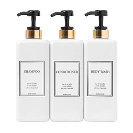 Shampoo and Conditioner Dispenser - Modern Gold Design Large 27oz Shower Soap Dispenser Set of 3, Refillable Empty Plastic Pump Bottles for Bathroom, 6 Waterproof Labels Included, Black