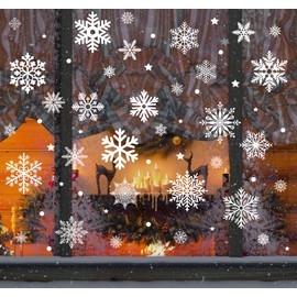 140Pcs Christmas Snowflakes Window Stickers White Clings Static Snow Flakes Reusable Decals Decorations for Xmas Party Window Mirror Fireplace (8 Sheets)