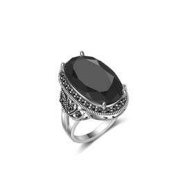 dnswez Black Rings for Women Vintage Wide Ring Black Onyx Ring Trendy Cocktail Statement Rings Crystal Retro Marcasite Jewelry (Big Stone - B, 7)
