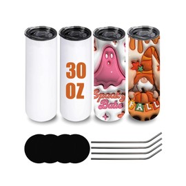 OFFNOVA 30 OZ Sublimation Tumblers Blanks 4 Pack Skinny White Tapered Stainless Steel Tumbler with Lids and Straws for Tumbler Press Machine Sublimation Oven Sublimation Printing