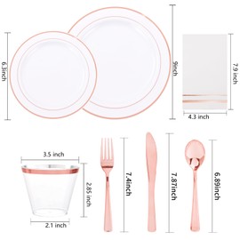 GATHER 350pcs Rose Gold Plates and Silverware Set for 50 Guests Disposable Plastic Dinnerware of 100 Rose Gold Plastic Plates,150 silverware, 50 Cups,50 Napkins for Party&Weeding&Summer