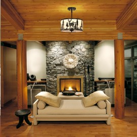 Rustic Semi Flush Mount Ceiling Light,Cream Parchment Metal Farmhouse Light Fixtures Deer Bear Design,Industrial Drum Dining Room Light,3-Light Black Chandeliers for Dining Room,Kitchen,Living Room